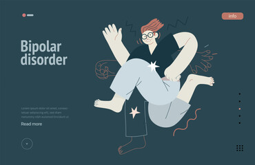 Mental disorders web template. Bipolar disorder - modern flat vector illustration of a man meeting with a mental disease, hyperactivity. People emotional, psychological, mental traumas concept