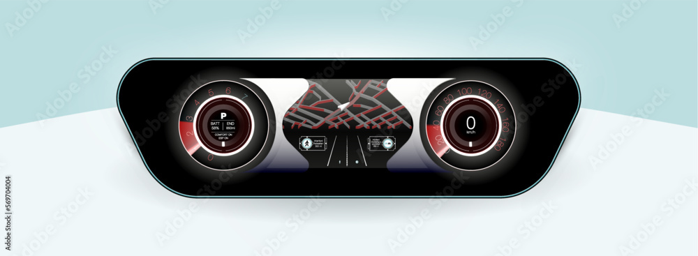 Poster the concept car instrument panel, red backlight and a additional display settings of the car. vector