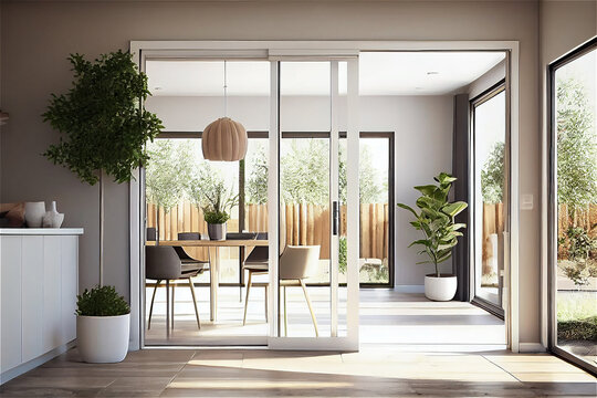 Beautiful house interior with a minimal contemporary style with sliding glass doors leading to the garden, generative AI