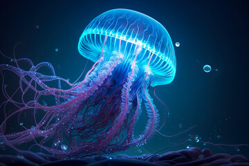 Glowing neon jellyfish with long tentacles. Generative AI - obrazy, fototapety, plakaty