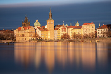 The center of Prague and the Vltava river in the setting sun - long exposure