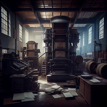 Old printshop with an ancient iron printing press, generative AI