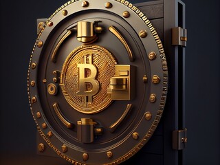 Fototapeta premium Bitcoin crypto currency lock tresor bank , safe wallpaper , golden background Ai generative