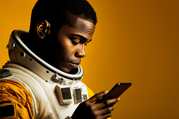 Fototapeta na wymiar Afro-American astronaut in space suit using his cell phone with yellow background, image created with ia