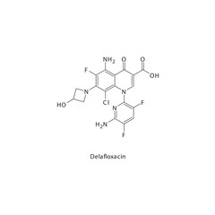 Delafloxacin  flat skeletal molecular structure 4th generation Fluoroquinolone antibiotic drug used in  treatment. Vector illustration.