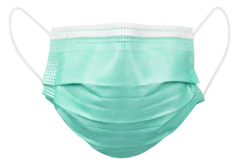 Green medical protective face or surgical mask isolated on transparent background. Monkeypox outbreak prevention. Full Depth of Field.