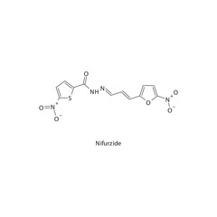 Nifurzide flat skeletal molecular structure Nitrofuran derivative antibiotic drug used in  treatment. Vector illustration.