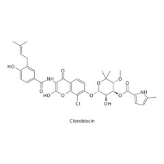 Clorobiocin  flat skeletal molecular structure Aminocoumarin antibiotic drug used in  treatment. Vector illustration.