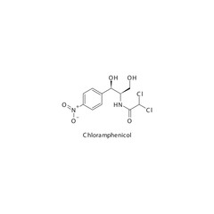 Chloramphenicol  flat skeletal molecular structure Amphenicol antibiotic drug used in  treatment. Vector illustration.