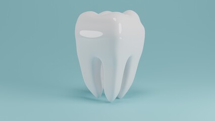 White healthy premolar human tooth isolated on blue background. Dental concept. 3D render
