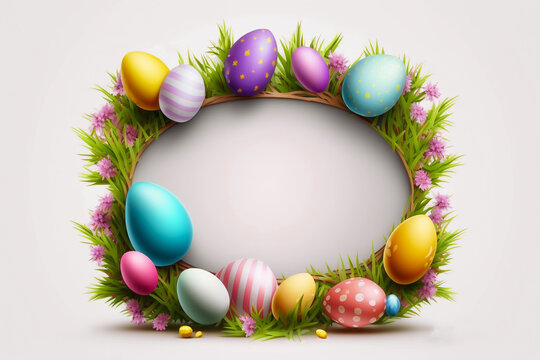 Beautiful horizontal colorful floral design with easter eggs and pink flowers, easter backdround image, generative AI illustration