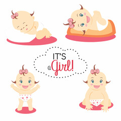 Cute baby girl set on white background it'a a girl