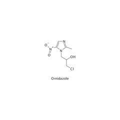 Ornidazole flat skeletal molecular structure Nitroimidazole derivative antibiotic drug used in  treatment. Vector illustration.