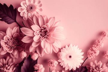 Pink monochromatic flowers on pink background with copy space. Illustration AI