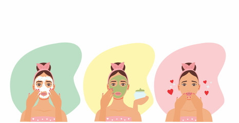 Skincare routine of women. Face cleansing, mask application. Set of skin care women Vector.