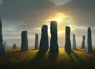 Painting of the sun rising in a cloudy sky over an ancient stone circle during the spring equinox with grass and rocks on the ground, a peaceful spring scene, generative ai.