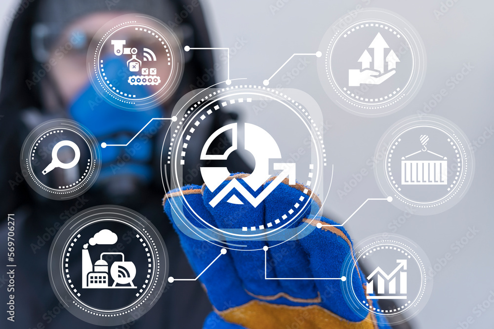 Aufkleber engineer using virtual touchscreen presses icon: diagram. trendy manufacturing diagram. industry tre