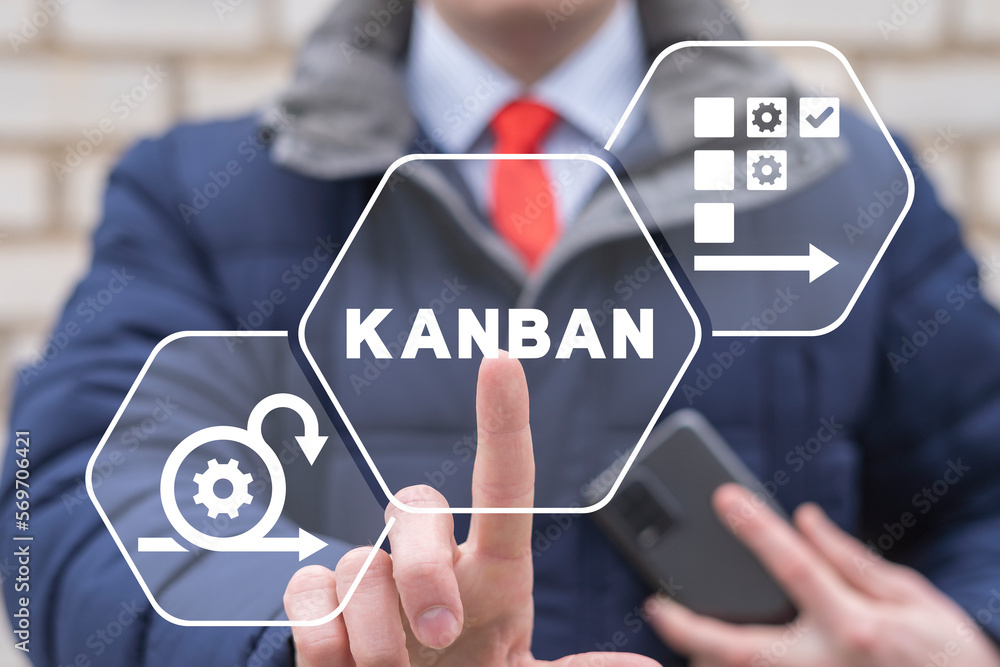 Poster businessman working on virtual touchscreen of future and sees word: kanban. concept of kanban method