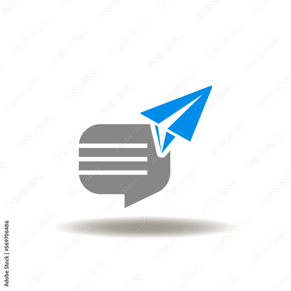 Poster vector illustration of talk bubble and paper airplane. icon of request. symbol of message sending.