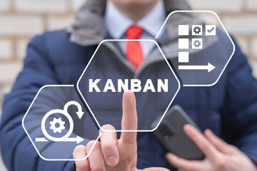 Businessman working on virtual touchscreen of future and sees word: KANBAN. Concept of kanban methodology. Kanban agile project management workflow business process optimisation.