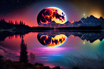 Full moon rising over empty lake near the big mountain at night with copy space. A night panorama view of crescent moon in the night sky at midnight. Moonlight romantic landscape background concept.