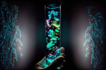 incomprehensible creature in a test tube, dangerous virus, neon illumination generative ai