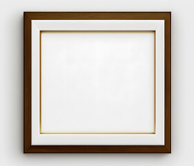 Square brown wooden picture frame with plain white background for mockup, wall art, photo, picture