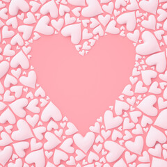 White hearts arranged on pastel pink background in the shape of a large center heart for Valentine's day or other romantic themed background. 3d Render.