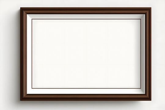 Horizontal brown wooden picture frame with plain white background for mockup, wall art, photo, picture