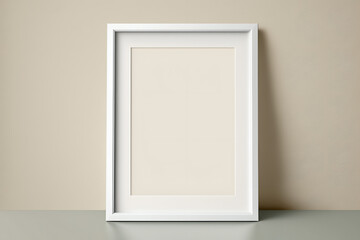 Empty white vertical frame, beige wall minimalist background for mockup, photo, picture, art