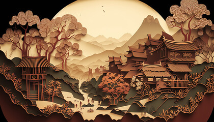 Traditional Chinese Village. Chinese Town. Small Town. Asian village. landscape illustration. Multi layers, Paper-like.  China. Generative AI.