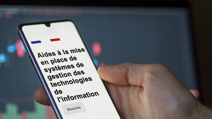 An entrepreneur subscribing to a support. Text in French: Support to the implementation of information technology management systems on a phone