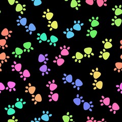 Cartoon animals seamless footprints dig and cat and polka dots and hearts pattern for wrapping paper and kids