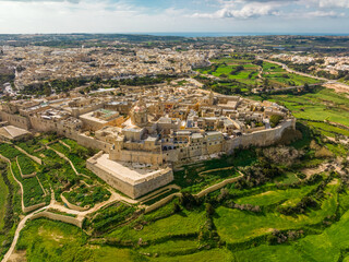 Mdina city, drone top view. Malta island