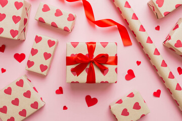 Creative gift box with decorations for the holiday, top view. Birthday and valentine present