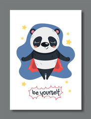 Superhero panda poster. Animal in cloak and mask flies and meditates. Magic and magic, imagination and fantasy. Be yourself, motivational quote for children. Cartoon flat vector illustration