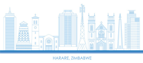 Outline Skyline panorama of city of Harare, Zimbabwe - vector illustration - obrazy, fototapety, plakaty