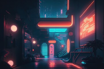 Image of a futuristic digital environment featuring futuristic architecture neon lights and advanced technology, concept of Cyberpunk and Artificial Intelligence, created with Generative AI technology