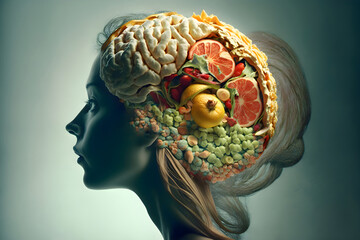 Woman brain Generative AI. Healthy diet concept. Fresh vegetables in woman head symbolizing health nutrition. Health in your brain.