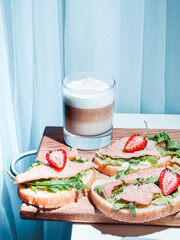 breakfast with milk and sandwich