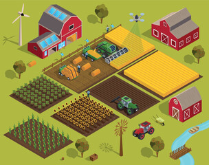 Big farm concept. Tractor in fields collects wheat, vegetable garden, paddock. Rural farming, village and countryside, agriculture. Poster or banner for website. Isometric vector illustration © Rudzhan