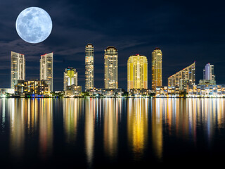 Full Moon Rise North Miami Beach, Sunny Isles Skyline at Night.Trump Tower, Aqualina Residences and...