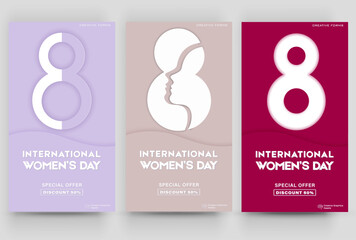 Fototapeta premium International Women's Day banner. 8 March. Editable post template set for banner sale, presentation, invitation, stories, streaming.