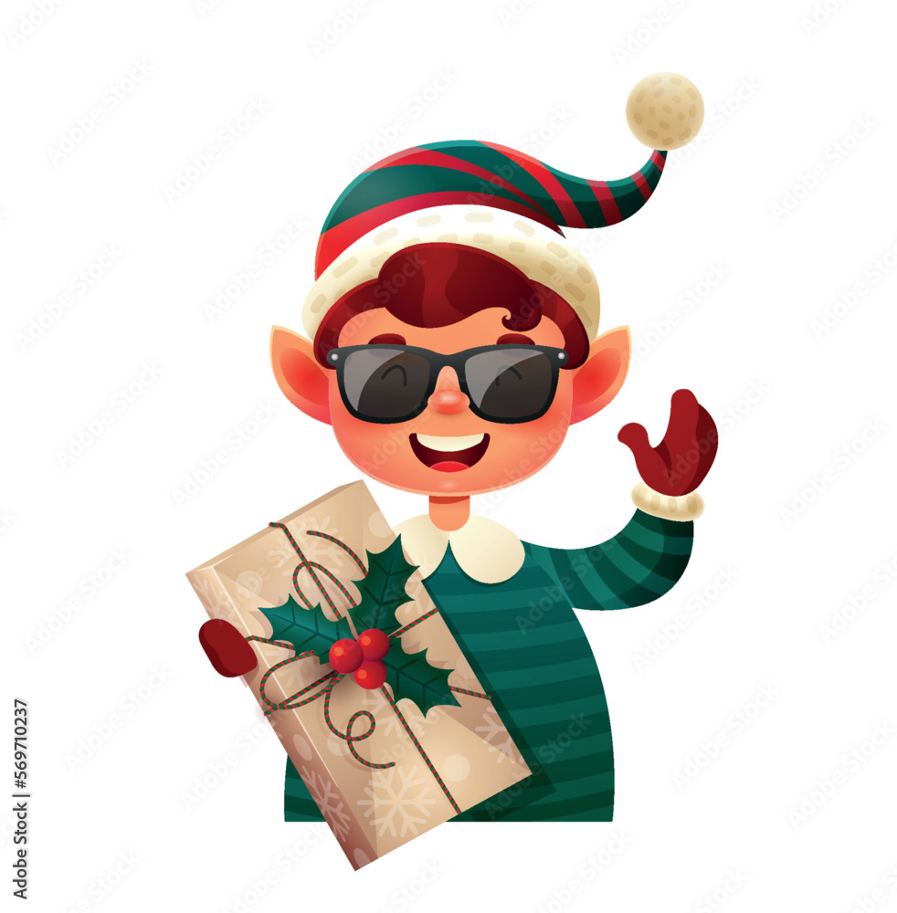Poster cool elf with present. sticker for social networks and messengers. fictional character with package 
