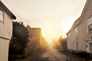 An English country village mist in the lane. Boxford, Suffolk, England.