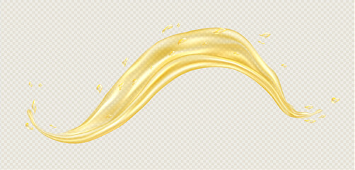 Oil splash, realistic orange or lemon juice wave, yellow liquid swirl with drops. Food advertisement with olive or sunflower oil concept. Vector illustration.