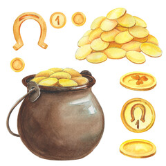 Watercolor isolated illustration of treasures. Golden coins, ceramic pot with money, elements of Saint Patrick design.