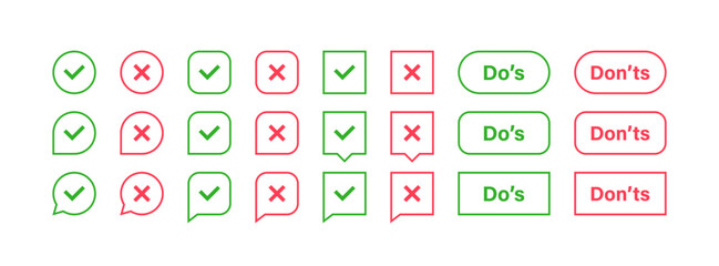 Super set different shape check mark and cross mark. Yes or No, Dos or Donts, Approved or Rejected, Correct or Wrong. Design concept for web and mobile apps. Vector illustration
