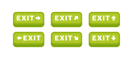 Exit button set with arrow pointer. Emergency fire exit sign. Pointer for orientation in the building. Vector illustration