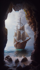 View from the cave entrance, a detailed caravel in the sea. Waves hitting the rocks inside the cave. Atmospheric effect.